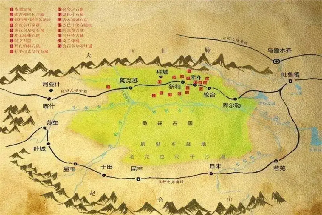 **龟兹古国与丝路北道**。天山南麓那一排红点，就是龟兹石窟群：克孜尔、库木吐喇、森木塞姆、克孜尔尕哈等，沿着渭干河与山谷一字排开。